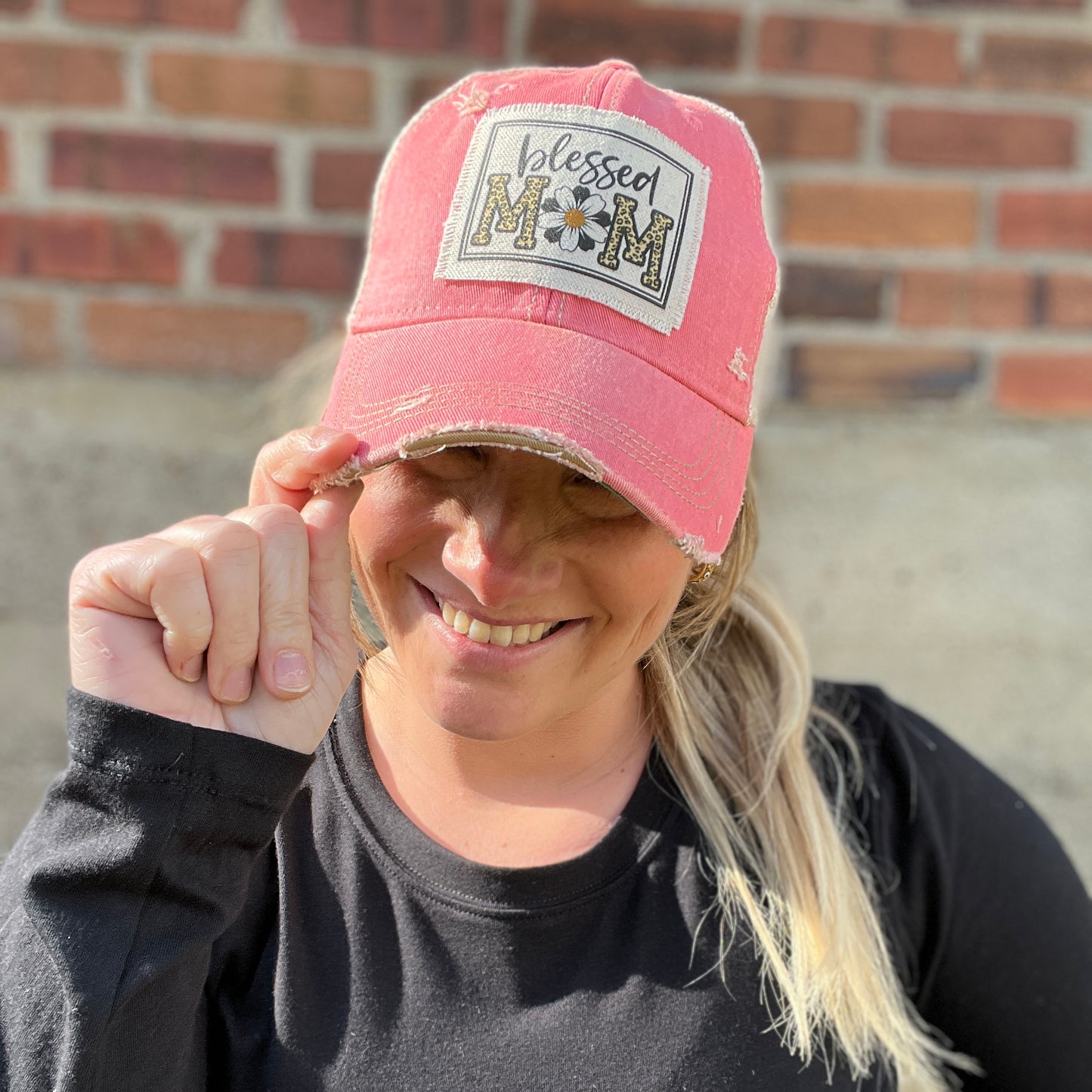 Blessed Mom Peach Pink Distressed Baseball Cap