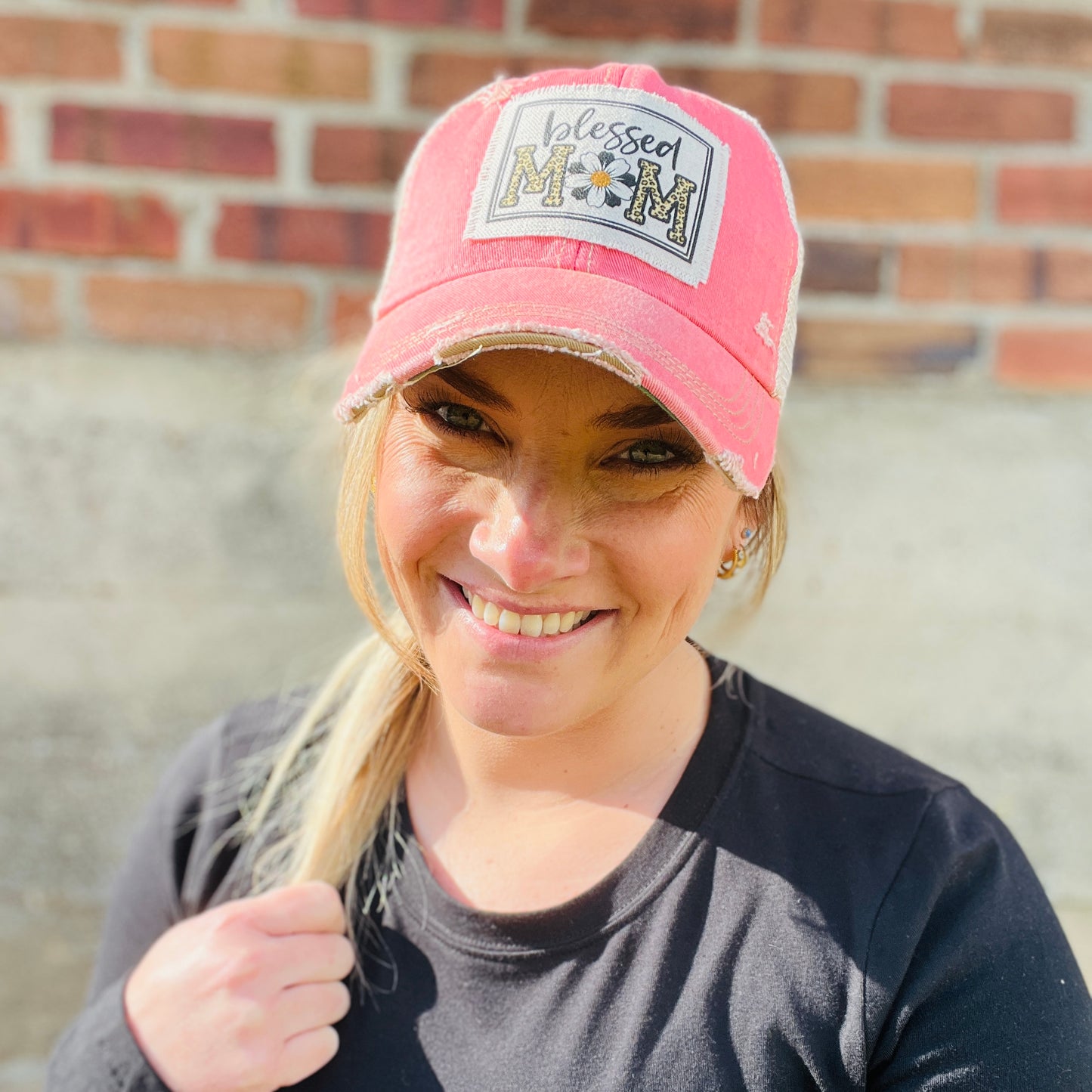 Blessed Mom Peach Pink Distressed Baseball Cap