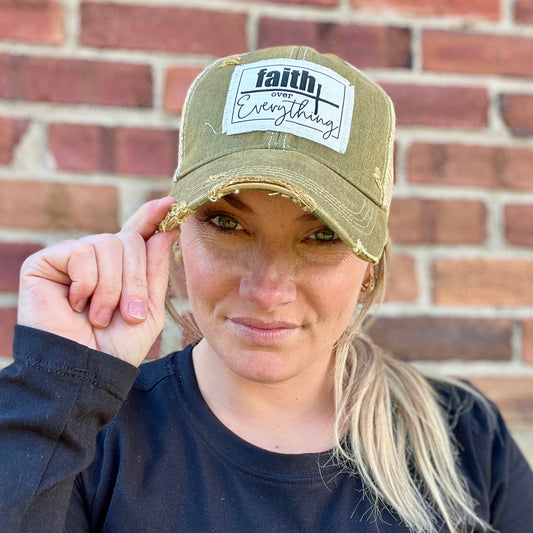 Faith Over Everyhting Dark Khaki Distressed Baseball Cap