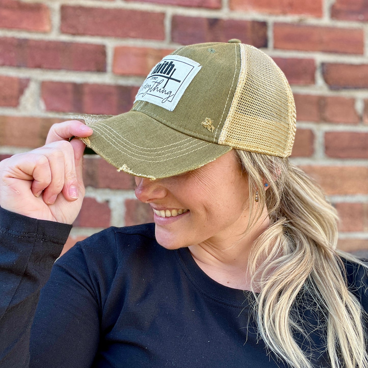 Faith Over Everyhting Dark Khaki Distressed Baseball Cap
