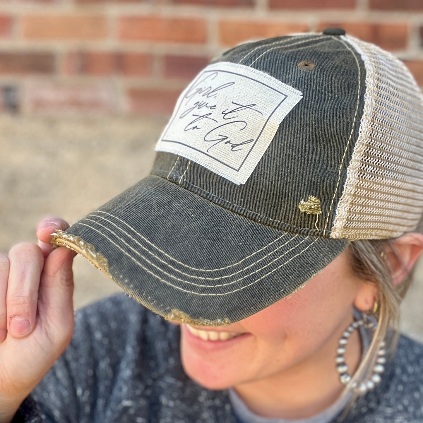 Girl Give it to God Black Vintage Washed Distressed Baseball Cap