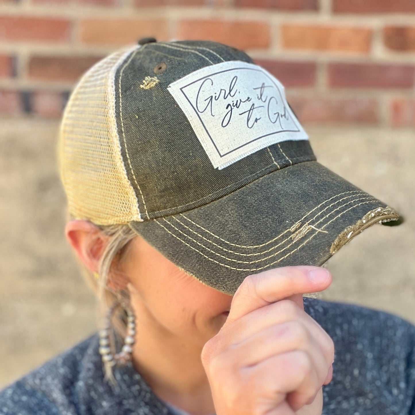 Girl Give it to God Black Vintage Washed Distressed Baseball Cap