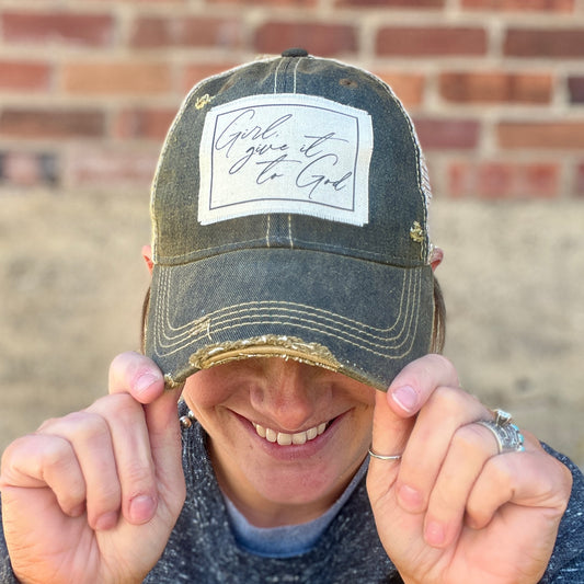 Girl Give it to God Black Vintage Washed Distressed Baseball Cap