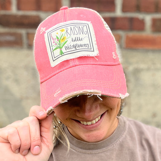 Raising Little Wildflowers Peach Pink Vintage Washed Baseball Cap