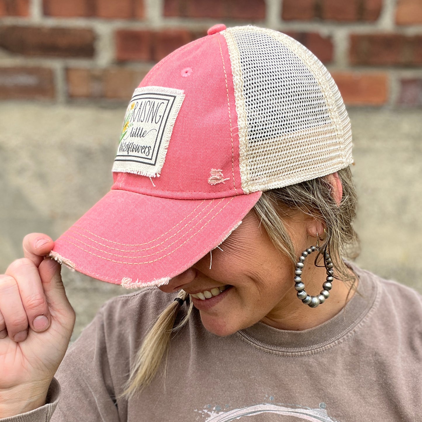 Raising Little Wildflowers Peach Pink Vintage Washed Baseball Cap