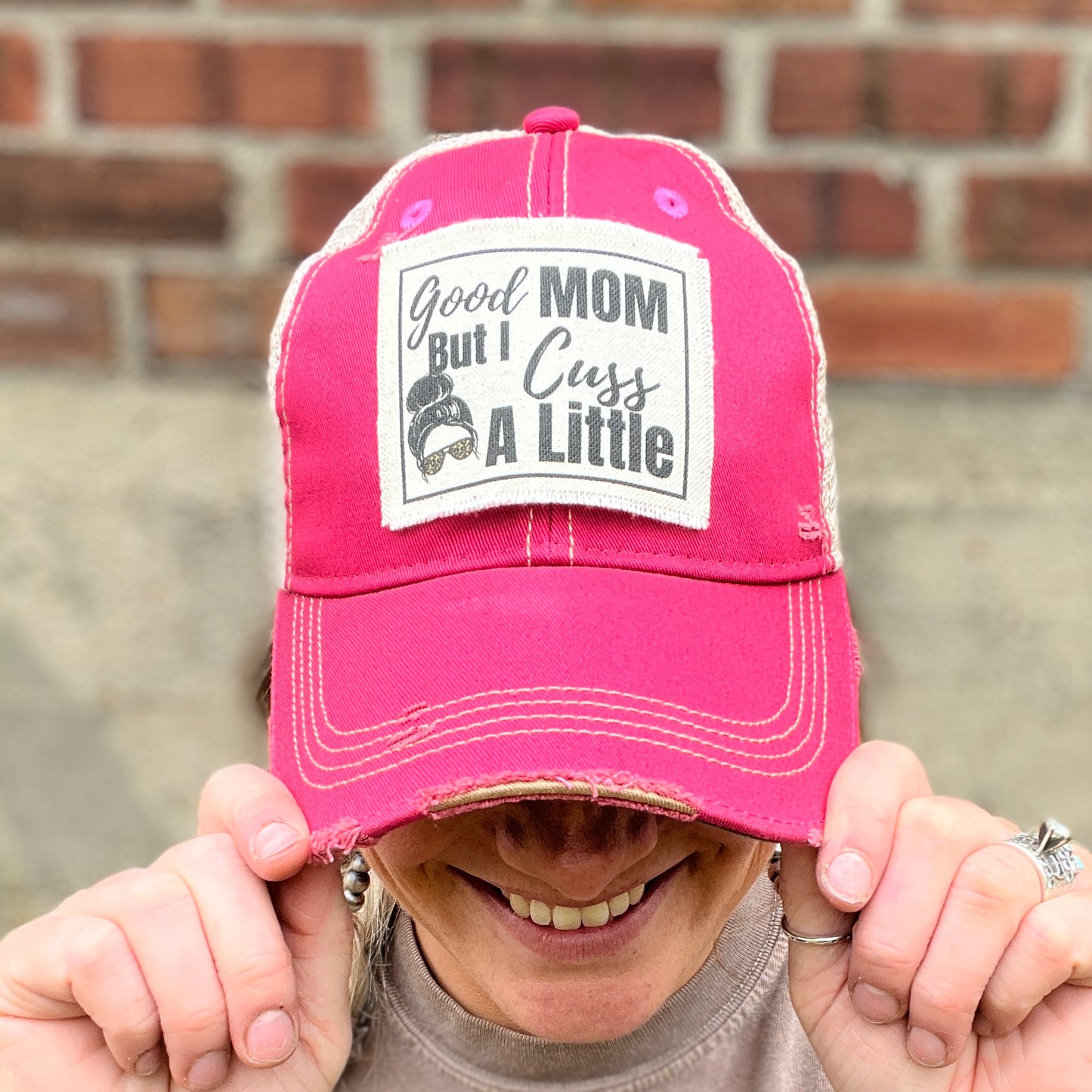 Good Mom Hot Pink Distressed Baseball Cap
