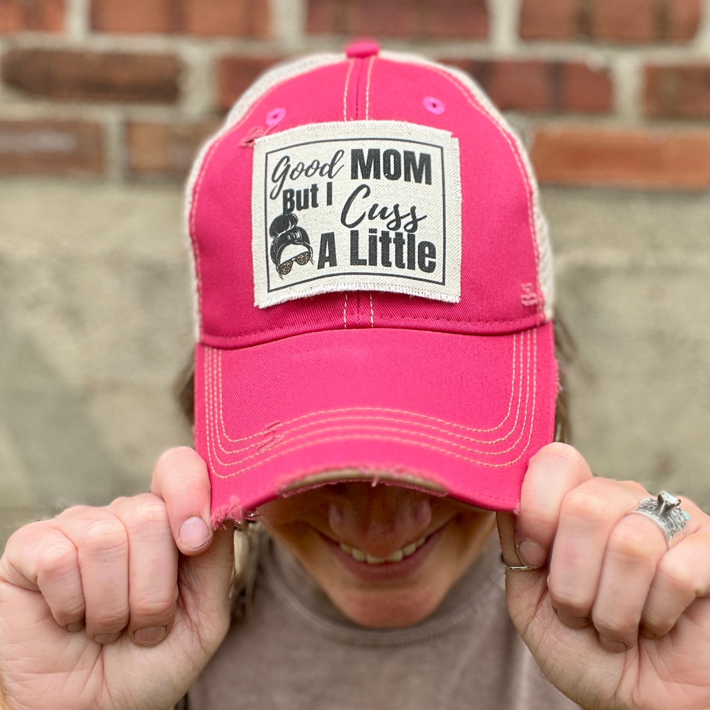 Good Mom Hot Pink Distressed Baseball Cap