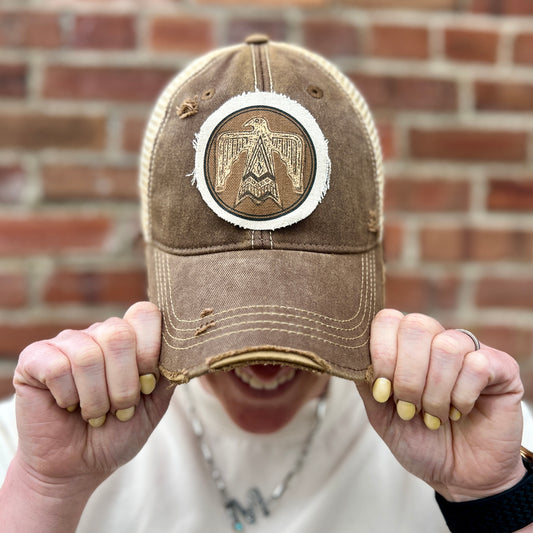 Distressed Thunderbird Brown Vintage Washed Distressed Baseball Cap