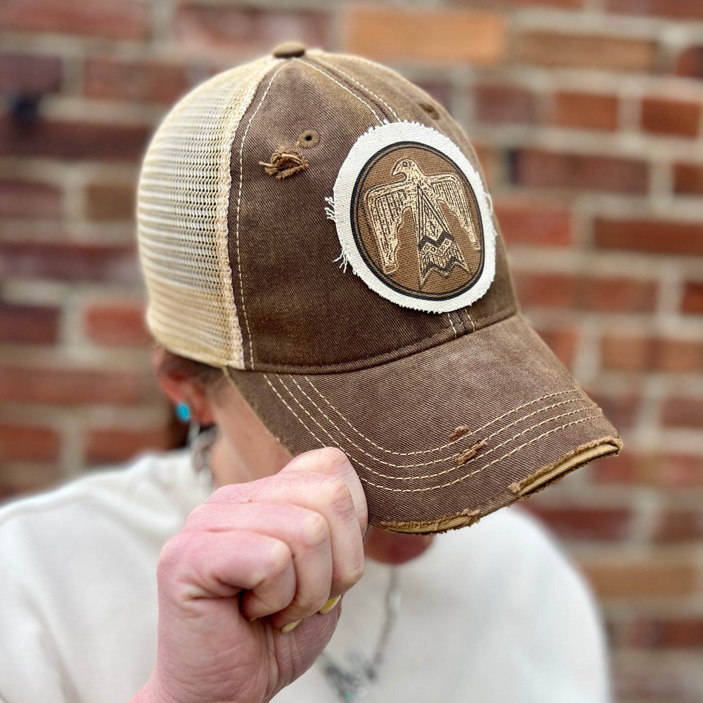 Distressed Thunderbird Brown Vintage Washed Distressed Baseball Cap