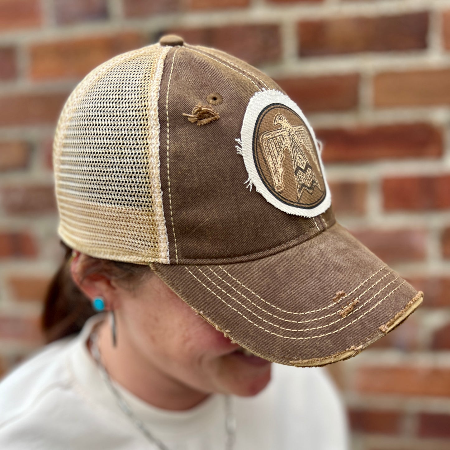 Distressed Thunderbird Brown Vintage Washed Distressed Baseball Cap