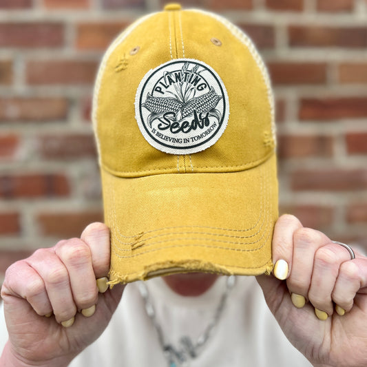 Planting Seeds is Believing in Tomorrow Mustard Distressed Baseball Cap