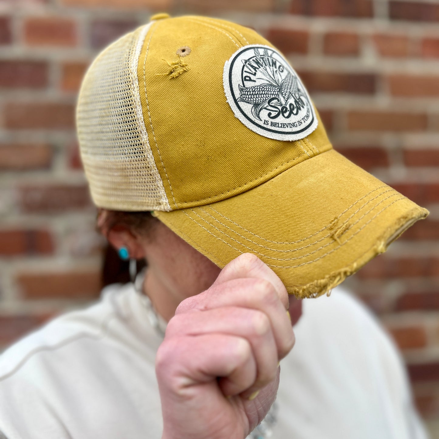 Planting Seeds is Believing in Tomorrow Mustard Distressed Baseball Cap
