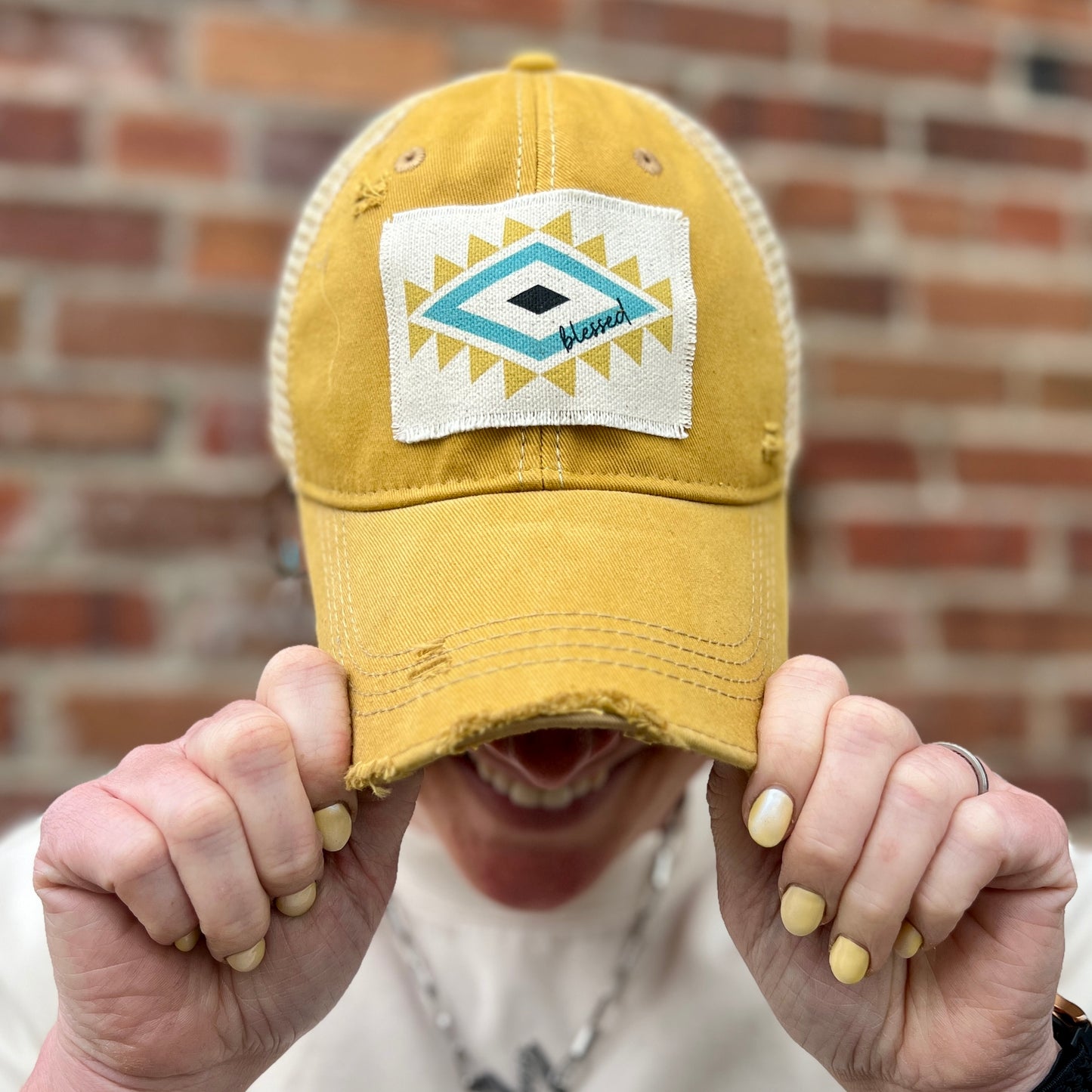 Blessed Aztec Mustard Distressed Baseball Cap