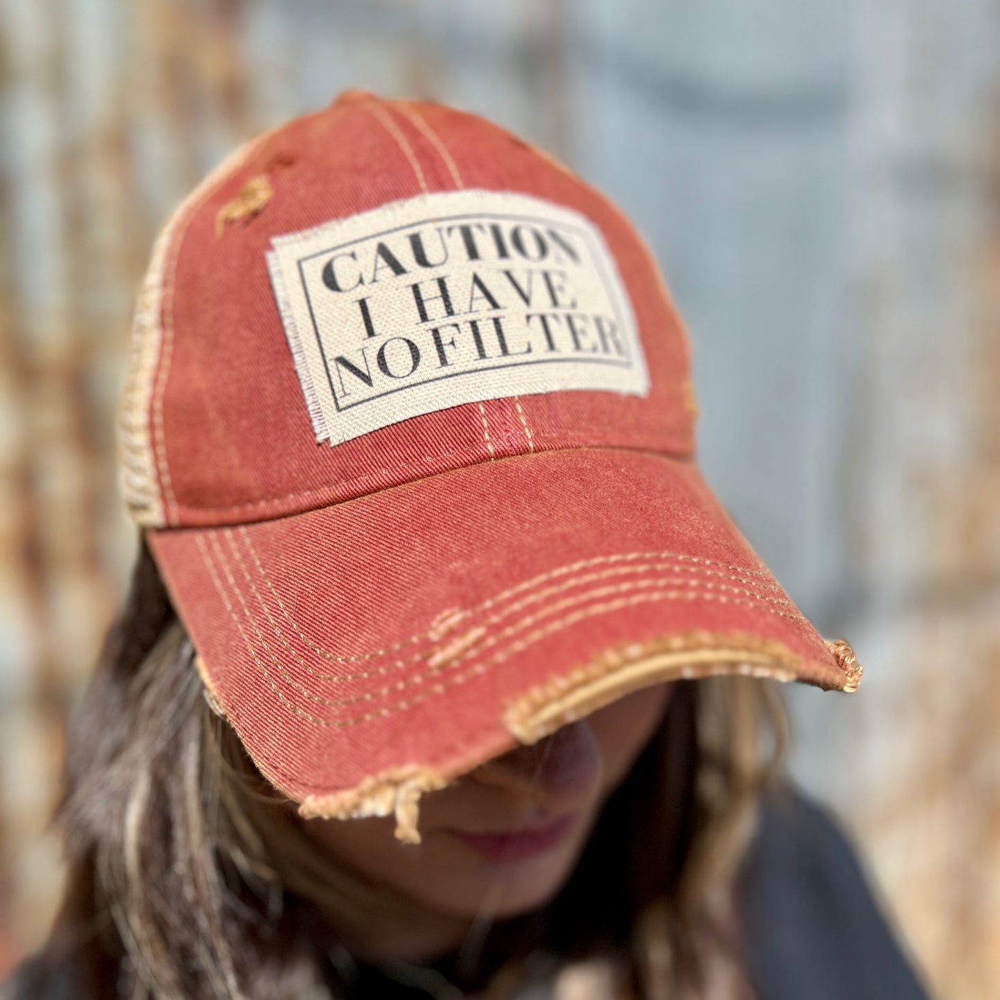 Brick Red Caution I Have No Filter Vintage Washed Baseball Cap