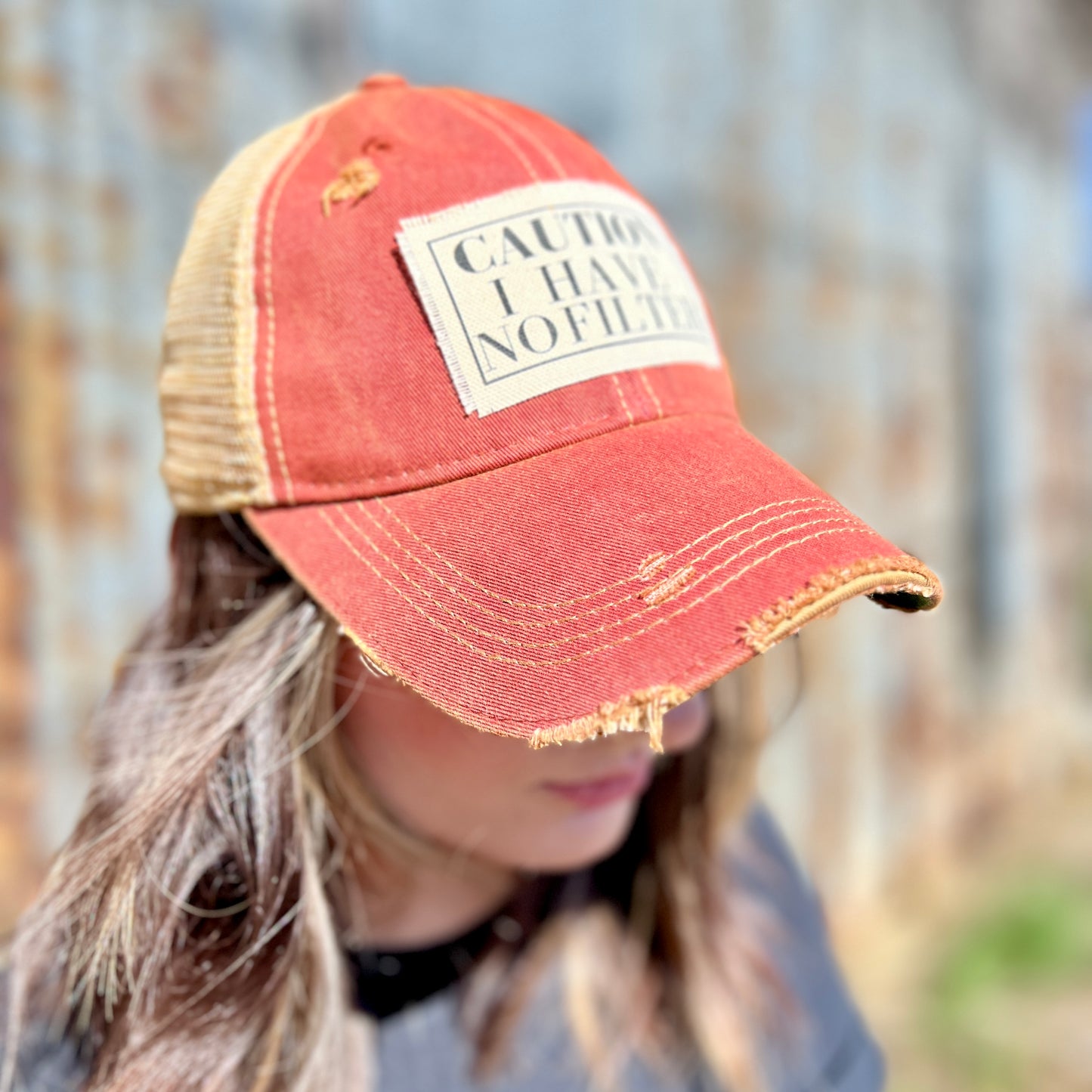 Brick Red Caution I Have No Filter Vintage Washed Baseball Cap