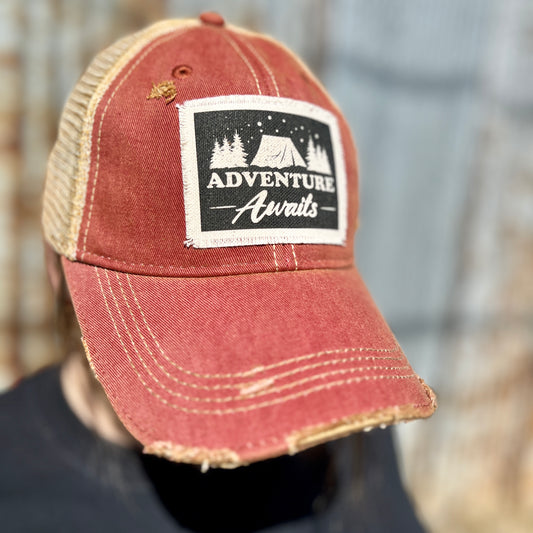 Vintage Washed Brick Red Adventure Awaits Baseball Cap