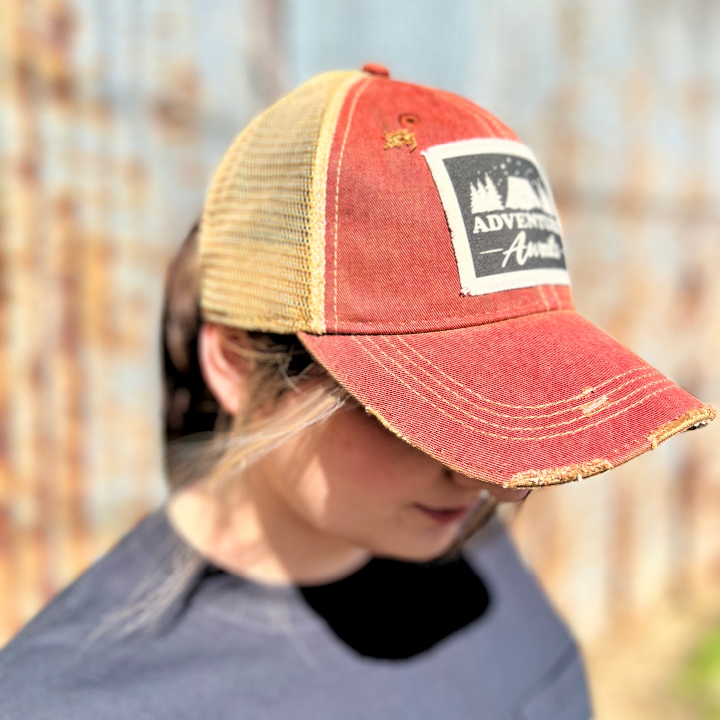 Vintage Washed Brick Red Adventure Awaits Baseball Cap