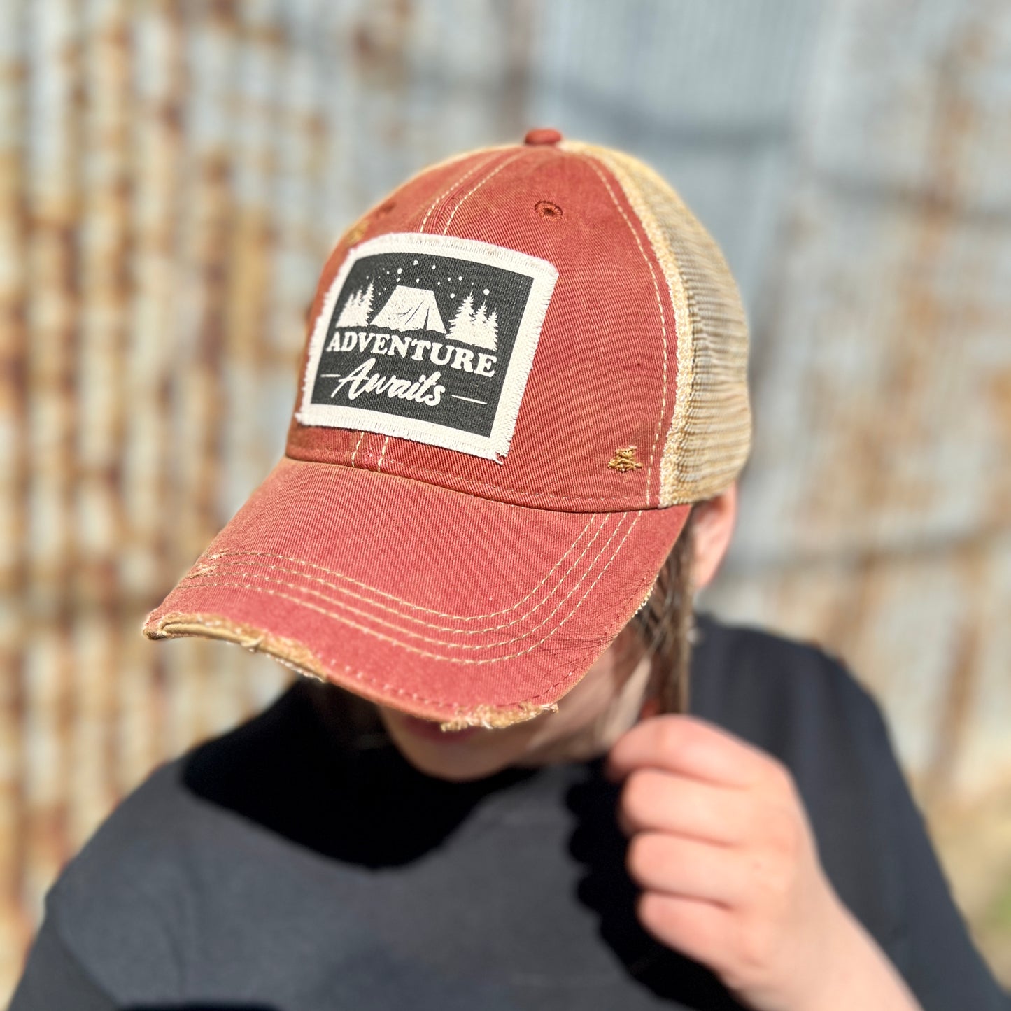 Vintage Washed Brick Red Adventure Awaits Baseball Cap