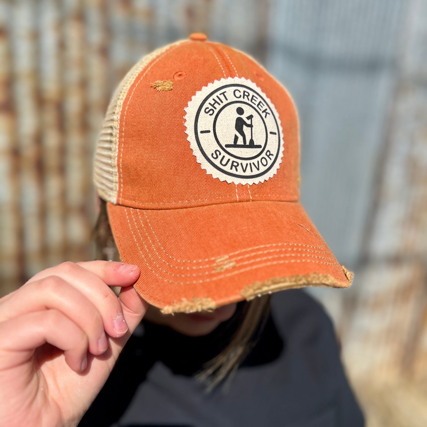 Burnt Orange Shit Creek Survivor Vintage Washed Baseball Cap