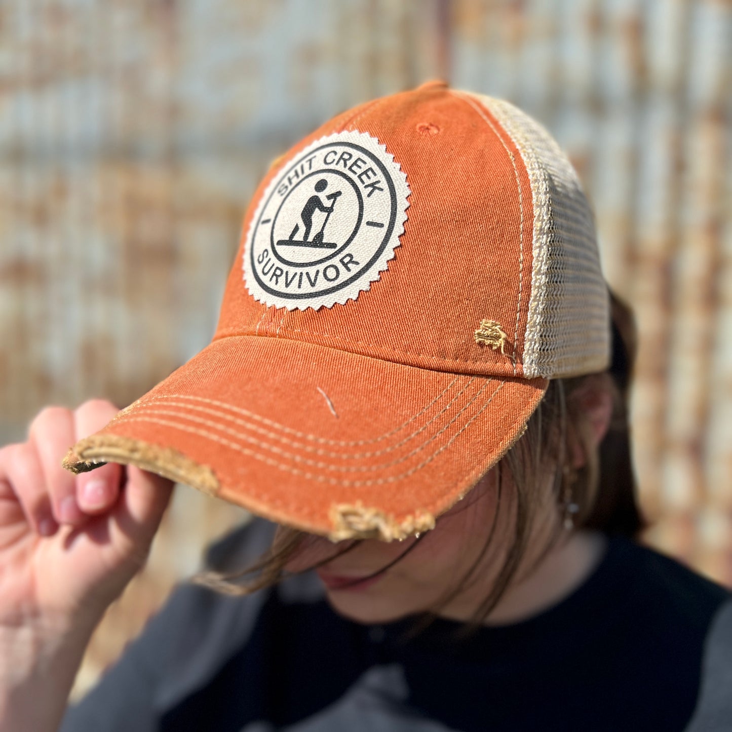 Burnt Orange Shit Creek Survivor Vintage Washed Baseball Cap