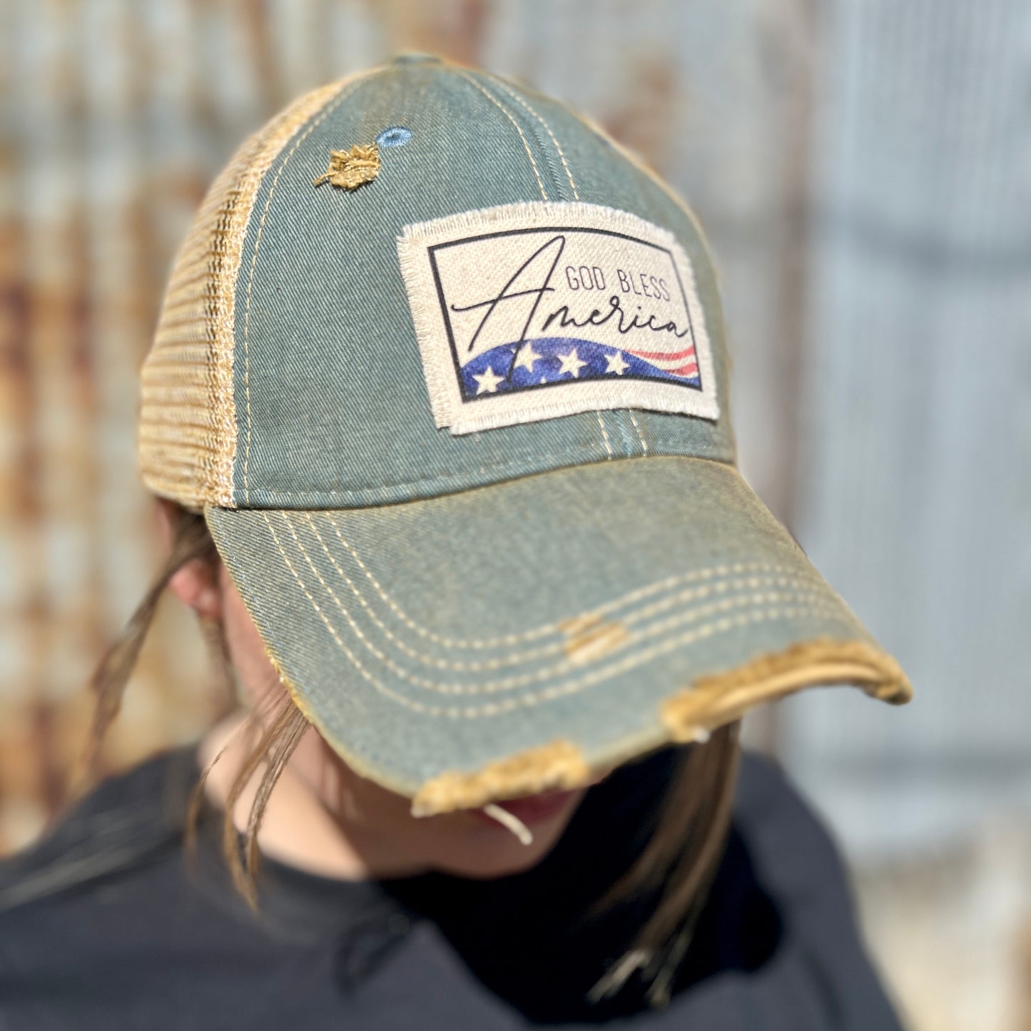 Vintage Washed Denim God Bless America Baseball Cap