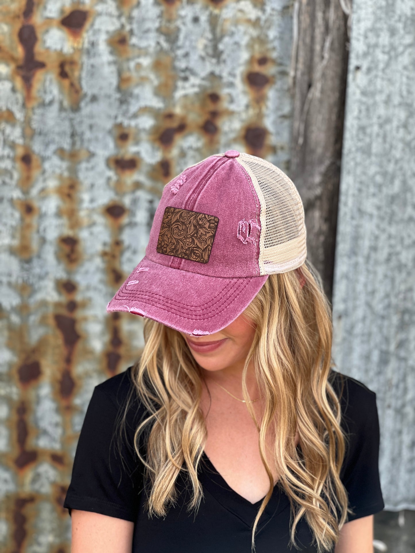 Tooled Red Distressed Baseball Cap