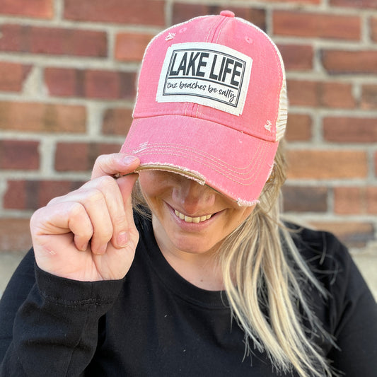 Lake Life Peach Pink Distressed Baseball Cap