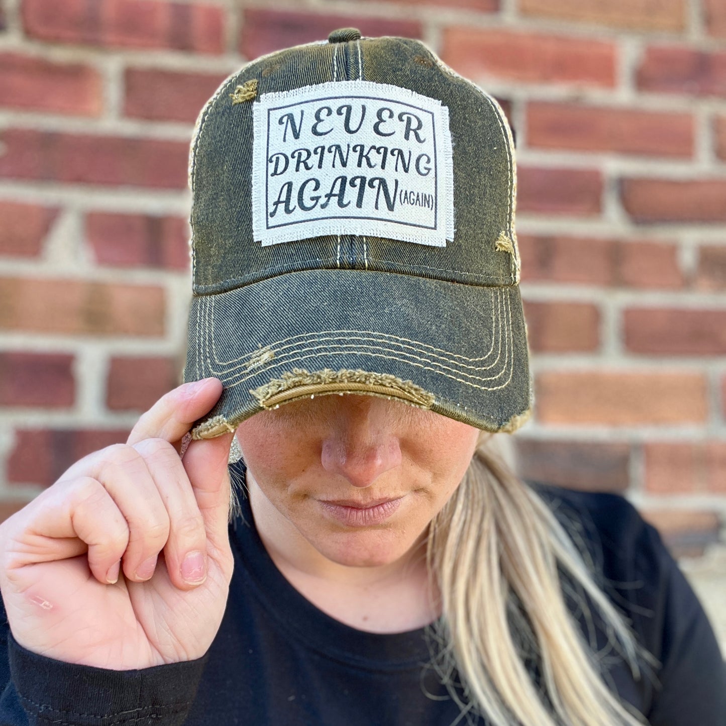 Never Drinking Again Black Vintage Washed Distressed Baseball Cap