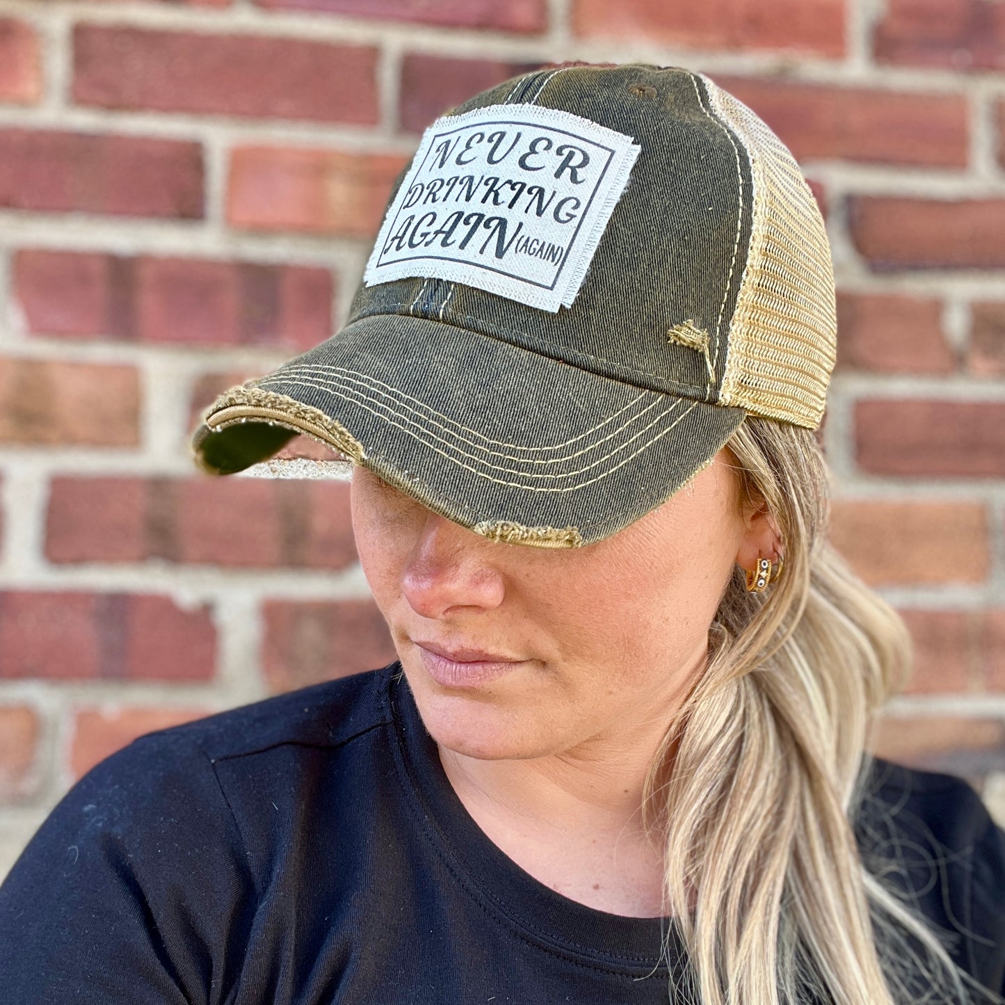 Never Drinking Again Black Vintage Washed Distressed Baseball Cap