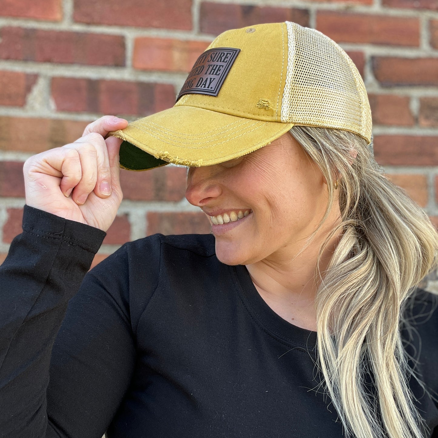 Pretty Sure I Seized the Wrong Day Mustard Distressed Baseball Cap