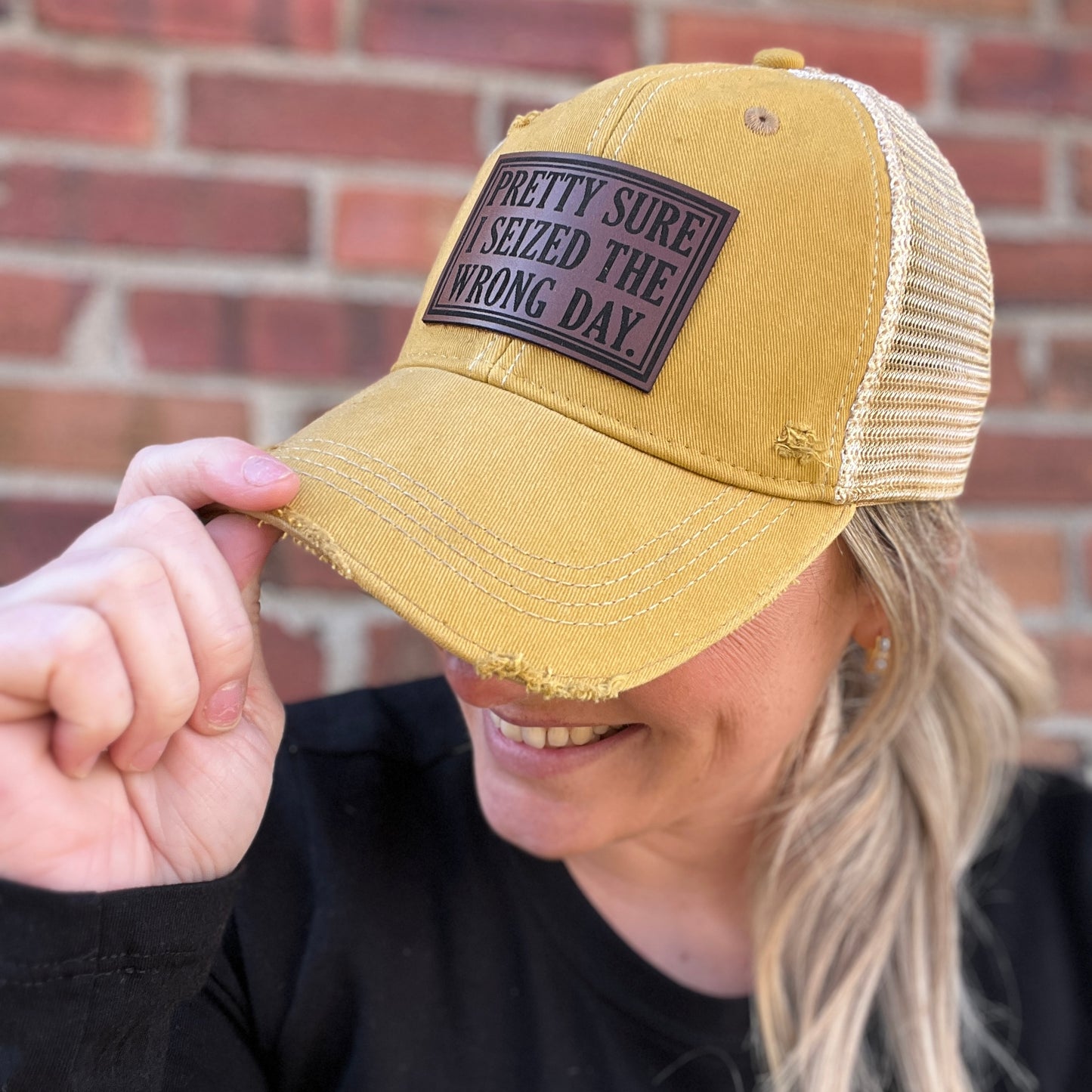 Pretty Sure I Seized the Wrong Day Mustard Distressed Baseball Cap