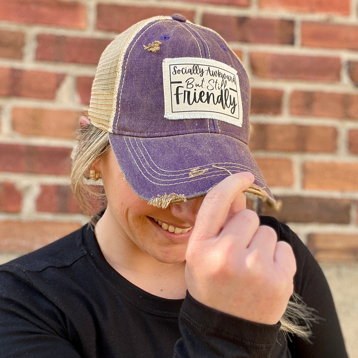 Socially Awkward but Still Friendly Purple Washed Distressed Baseball Cap