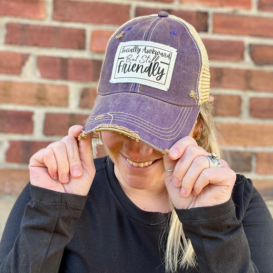 Socially Awkward but Still Friendly Purple Washed Distressed Baseball Cap