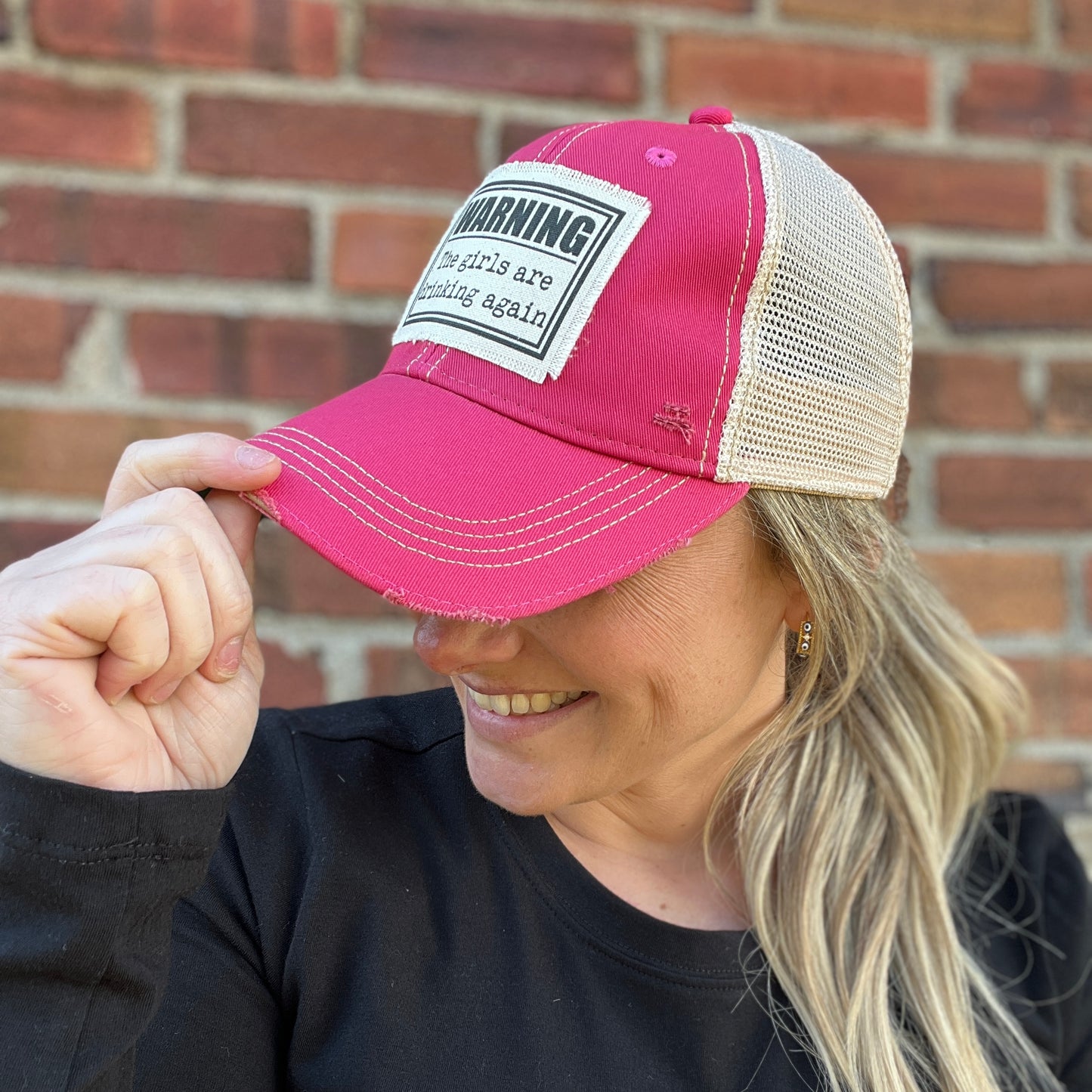 Warning The Girls are Drinking Again Hot Pink Distressed Baseball Cap