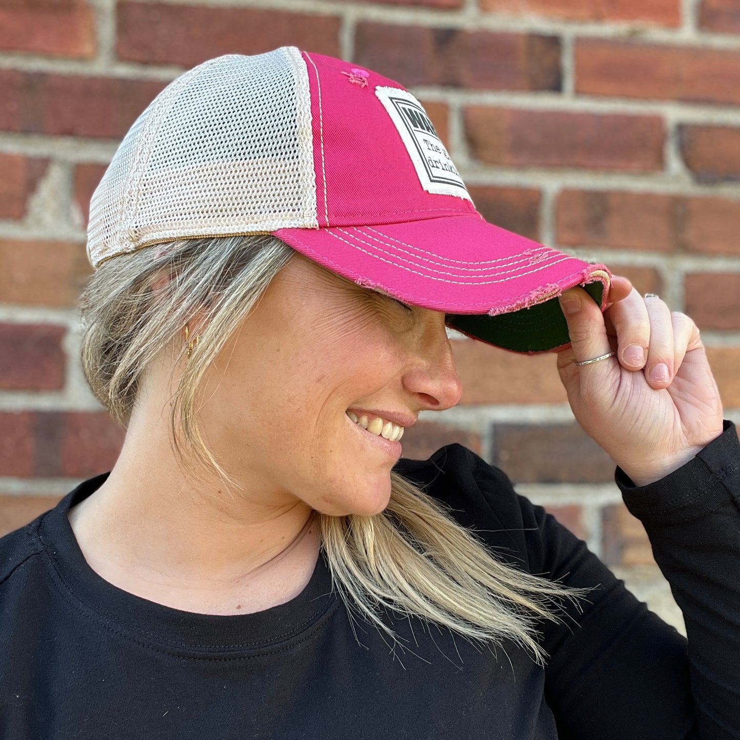 Warning The Girls are Drinking Again Hot Pink Distressed Baseball Cap