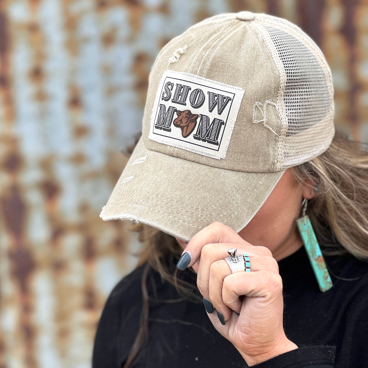 Show Mom Material patch with leather laser engraved cow head embeleshment.