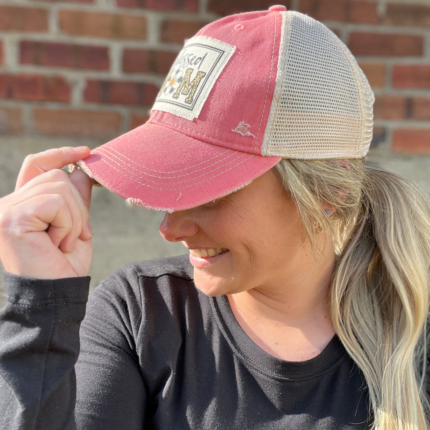 Blessed Mom Peach Pink Distressed Baseball Cap