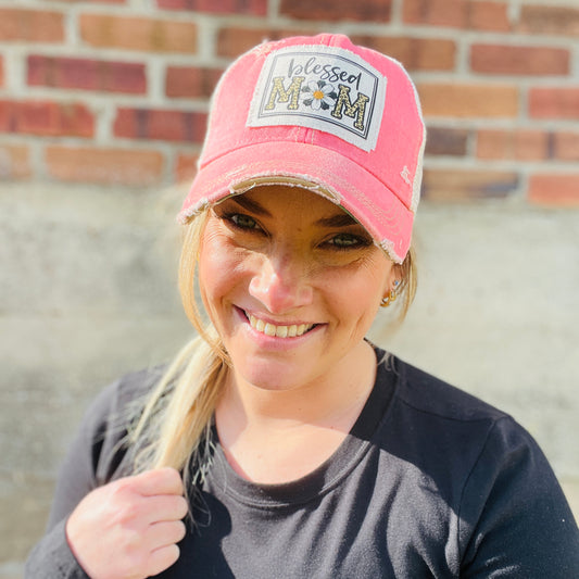 Blessed Mom Peach Pink Distressed Baseball Cap