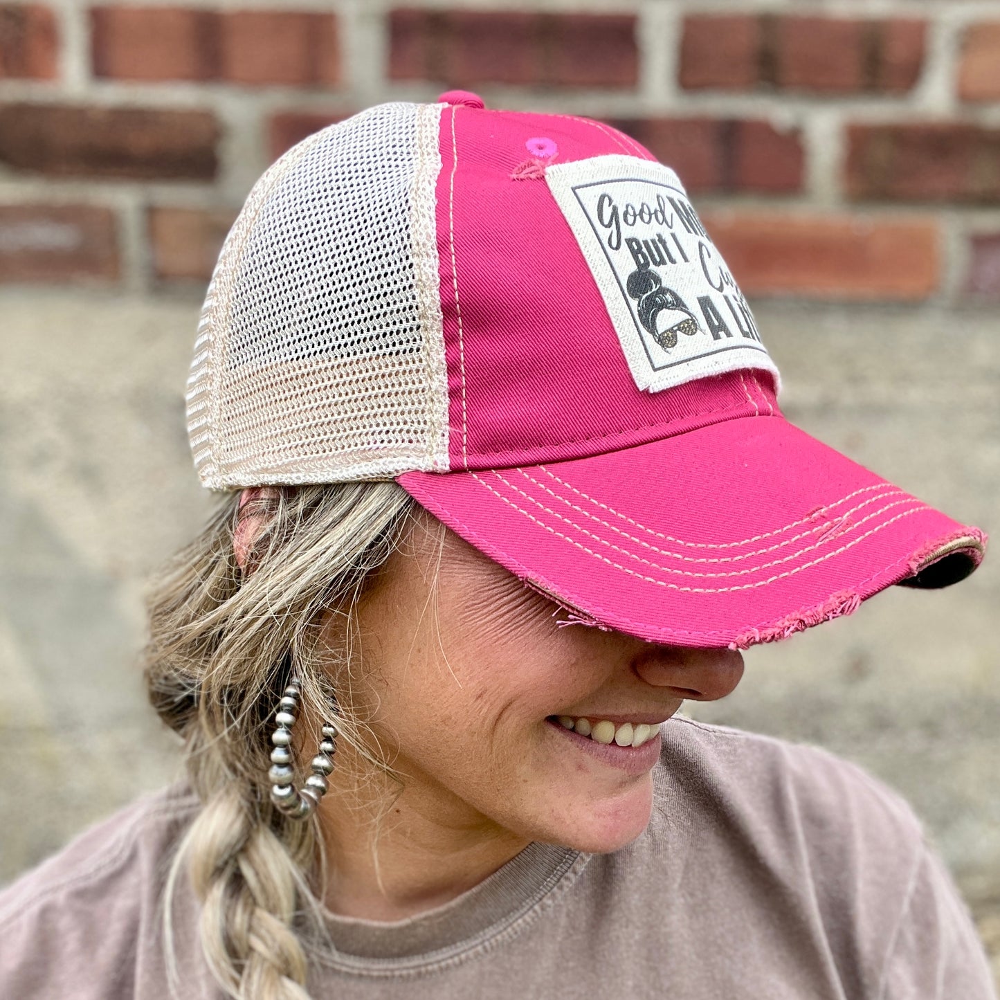 Good Mom Hot Pink Distressed Baseball Cap