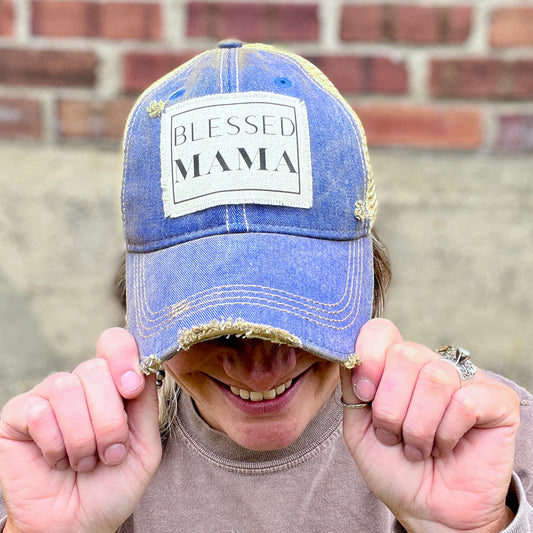 Blessed Mama Royal Vintage Washed Distressed Baseball Cap