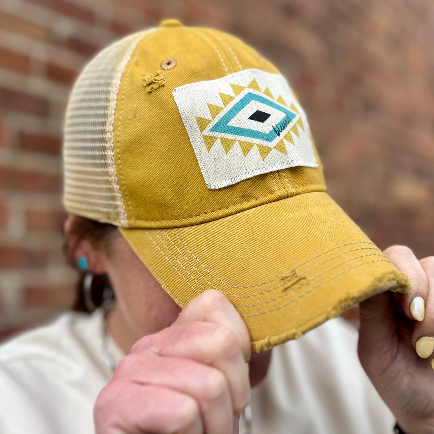 Blessed Aztec Mustard Distressed Baseball Cap
