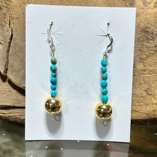 18K Gold Navajo Pearl and Turquoise Drop Earrings