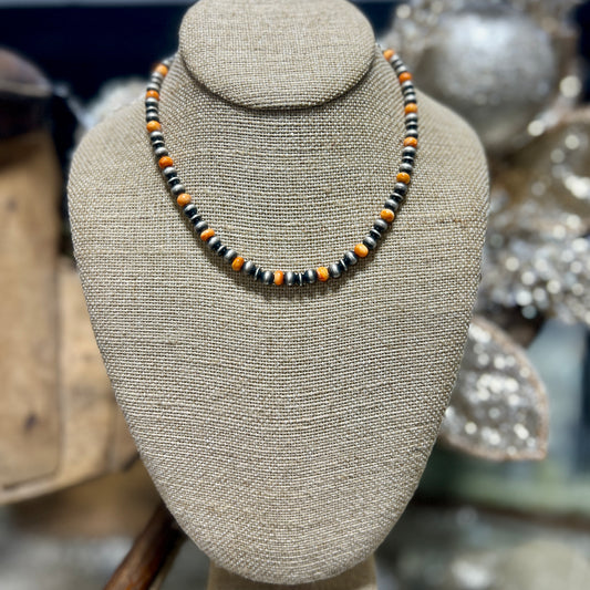 16 In. Navajo Pearl and Orange Spiny Oyster Necklace