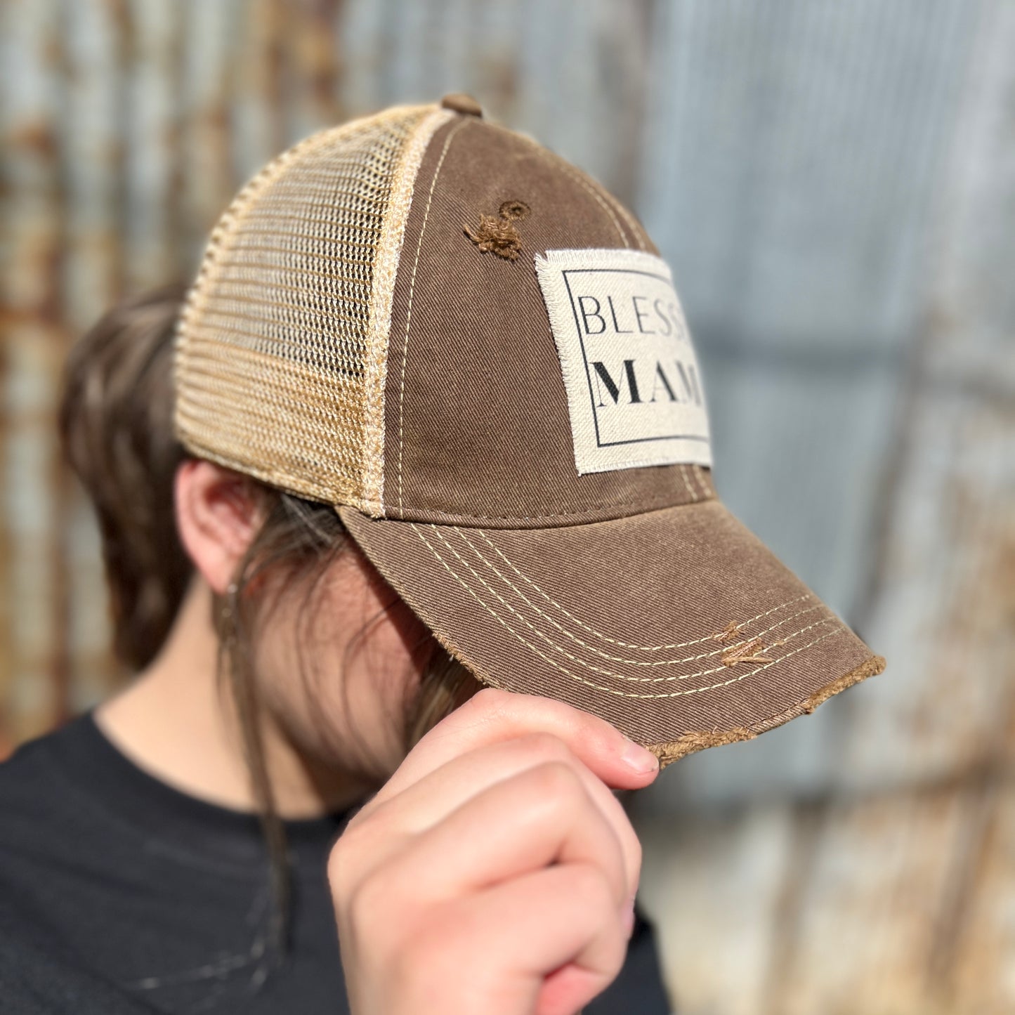 Brown Vintage Washed Blessed Mama Baseball Cap