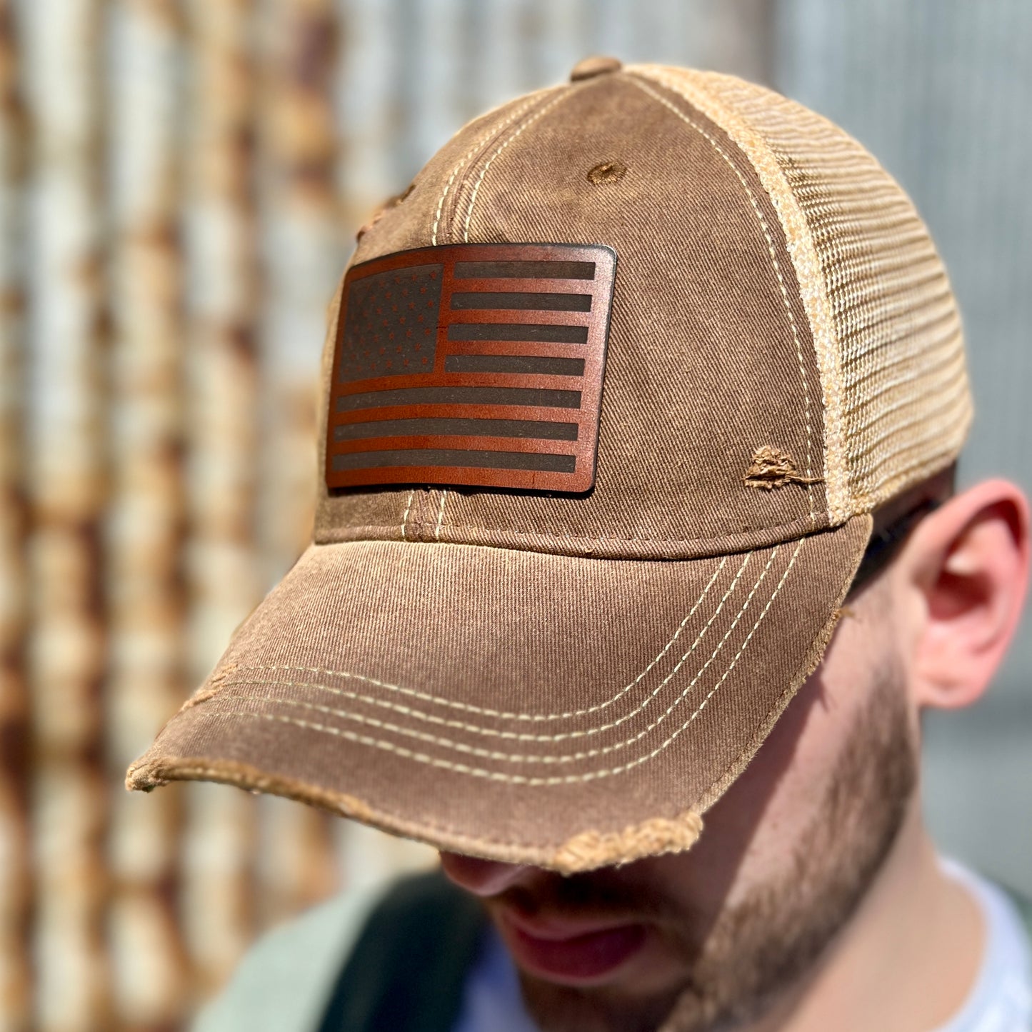 Vintage Washed Brown American Flag Baseball Cap