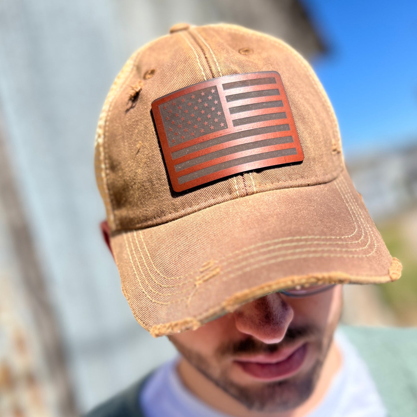 Vintage Washed Brown American Flag Baseball Cap