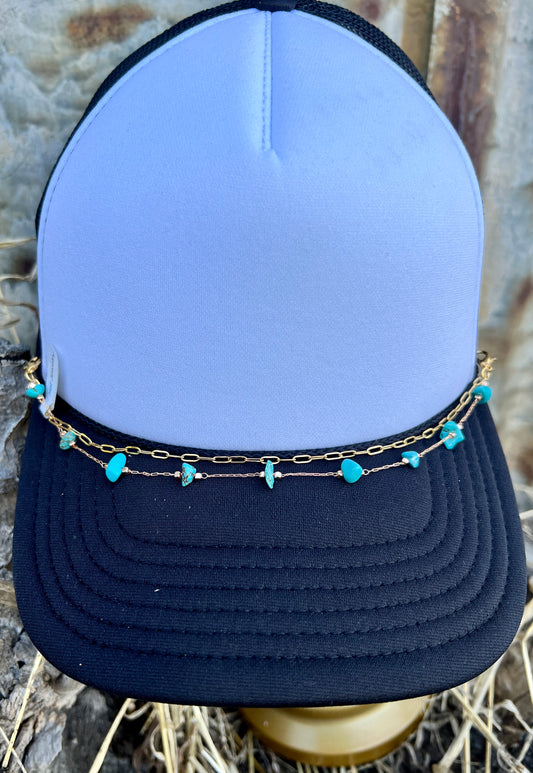 Double Strand Gold Link & Turquoise Rock Hat Chain