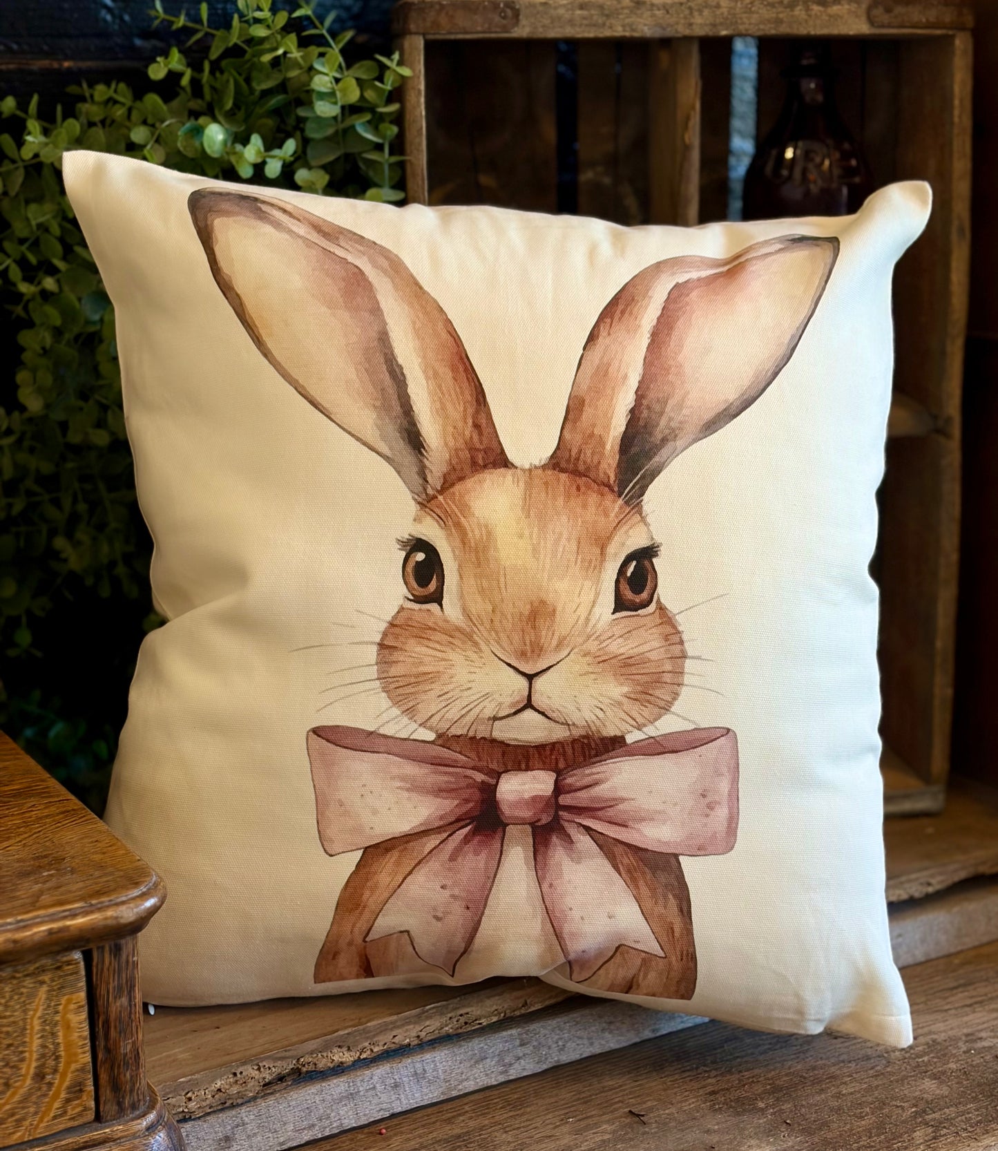 Watercolor Rabbit with pink bow 18x18 Decorative Pillow
