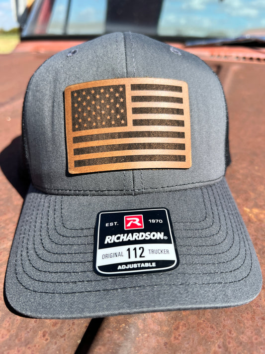 6 Panel Richardson 112 Charcoal/Black mesh with genuine leather flag patch 
