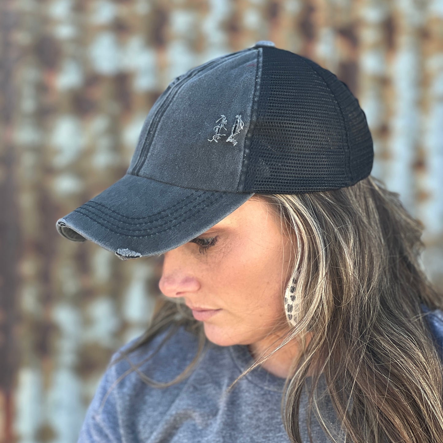 Distressed black womens baseball cap 